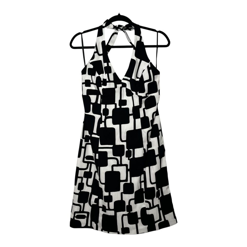 Kim Rogers Signature Womens Black White Geometric Mod Halter‎ Dress Size 8 Retro